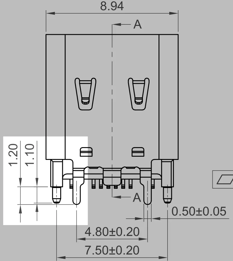 USB connector mounting pin drawing